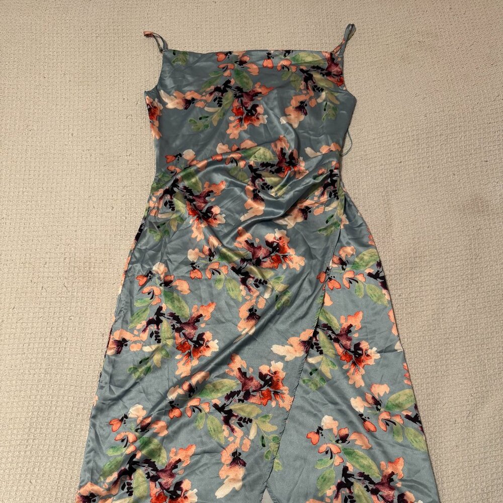 Inmod Sage Green Floral Print Satin Midi Dress